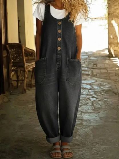 Serene Wide Leg Denim Look Overalls Product Image 04