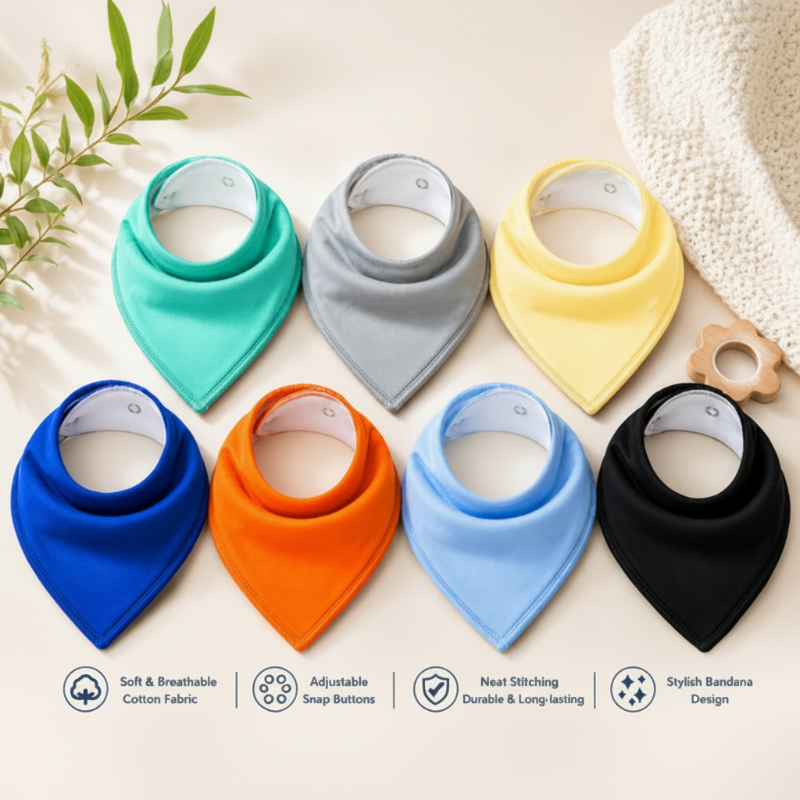 Seven cotton bandana bibs in mint green, gray, yellow, royal blue, orange, light blue and black