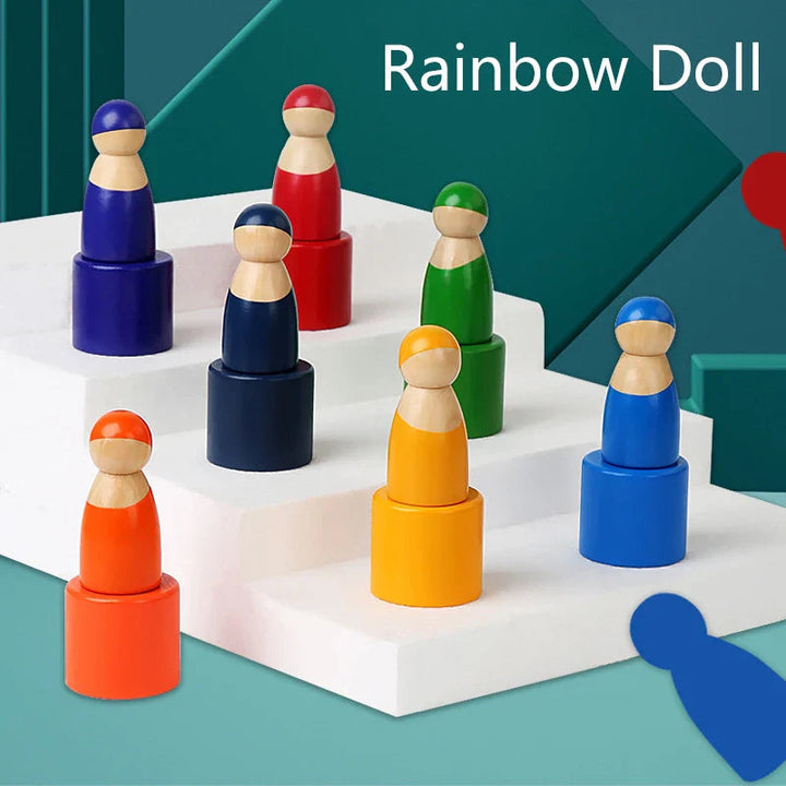 Seven colorful wooden figures standing in matching bowls on stepped display blocks