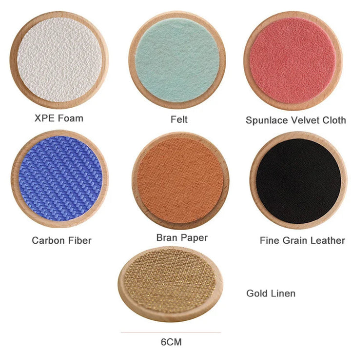 Material guide for seven wooden texture discs, with a 6 cm diameter measurement