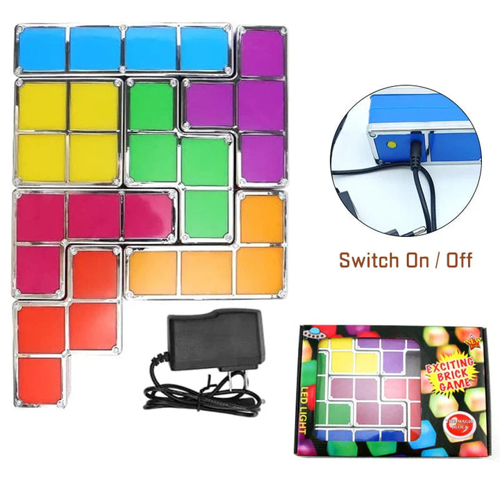 Seven colored light blocks beside a power adapter, packaging, and an on-off switch detail.