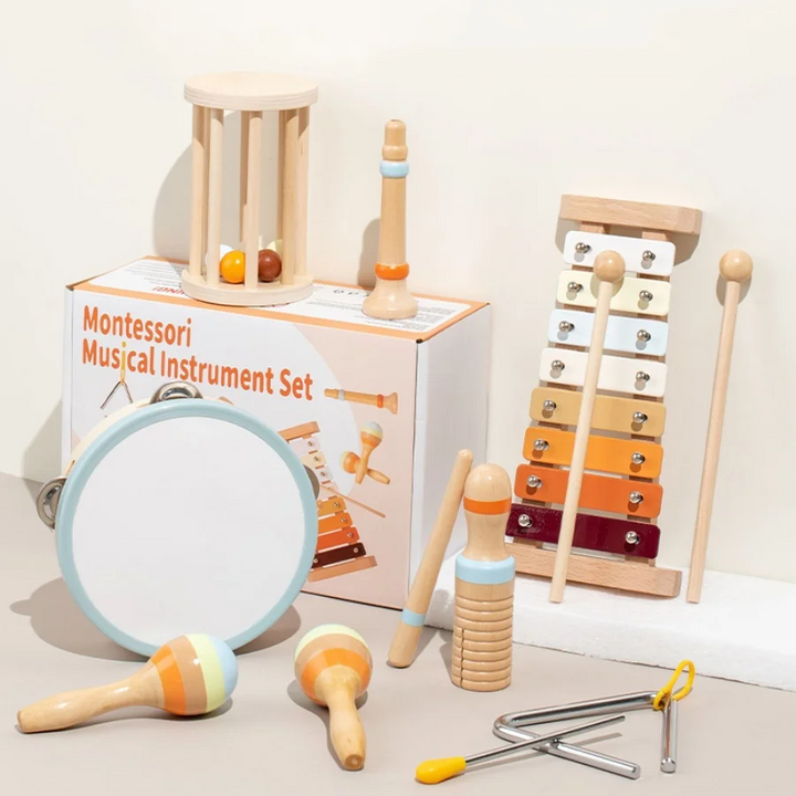 Musical toy assortment with a drum, xylophone, triangle, maracas, wooden scraper, cage rattle and recorder-style toy