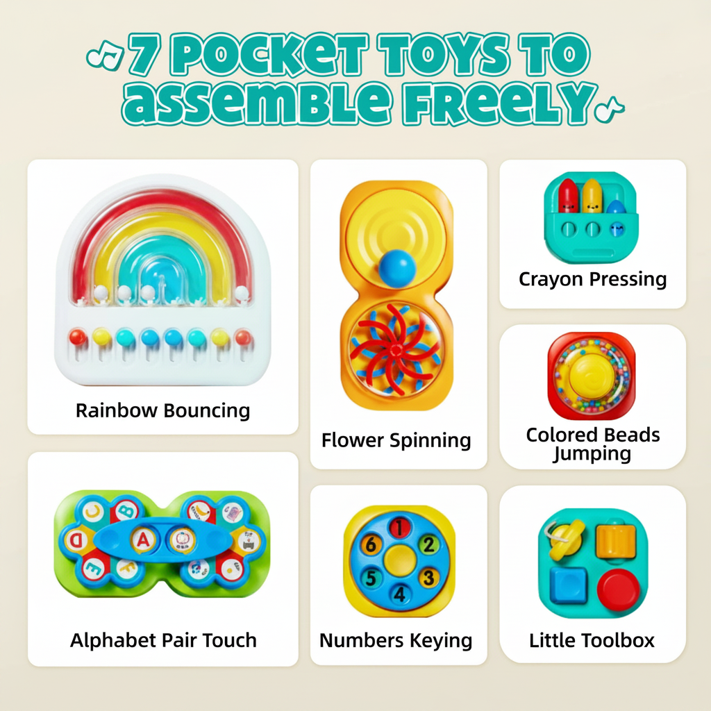Seven separate play modules, including a rainbow, alphabet activity, number dial and mini toolbox