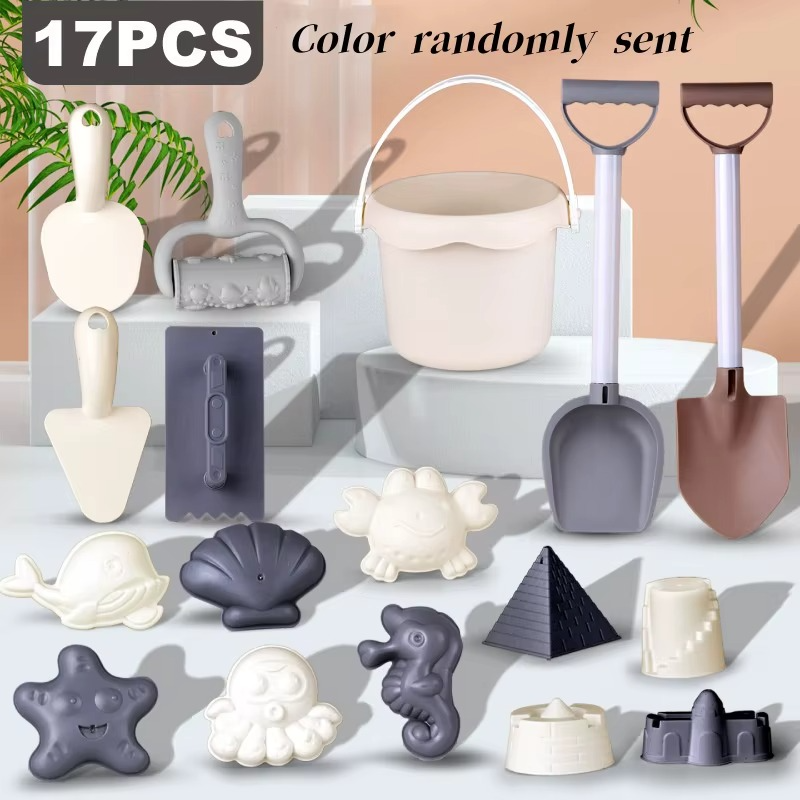 17-piece beach toy assortment with a bucket, long shovels, hand tools, and sand molds