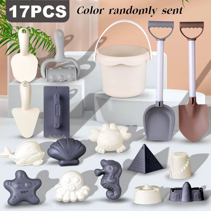 17-piece beach toy assortment with a bucket, long shovels, hand tools, and sand molds