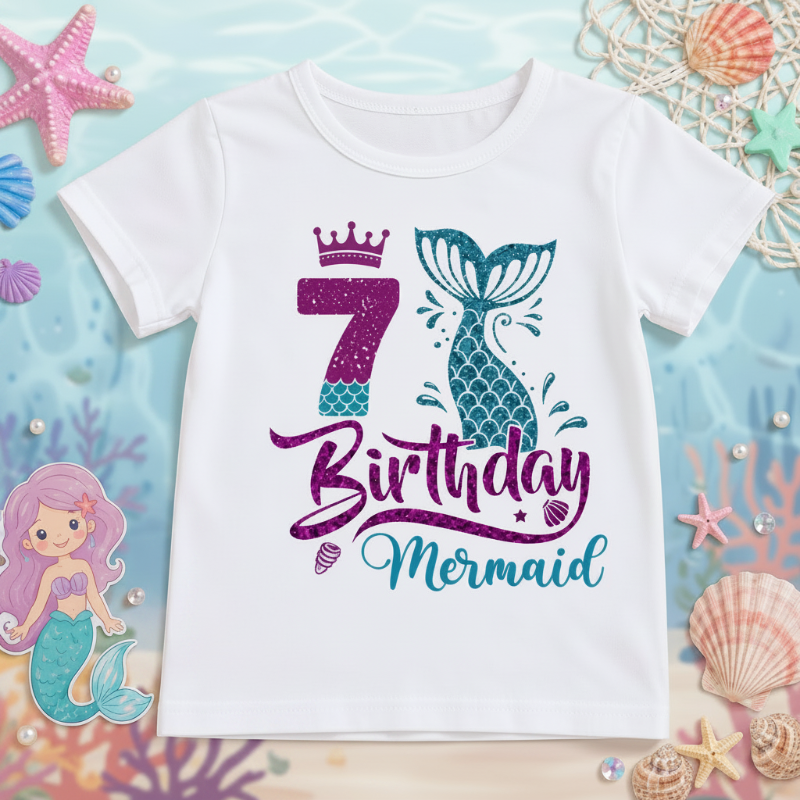 White seventh-birthday T-shirt with a purple number 7, crown, and teal mermaid tail