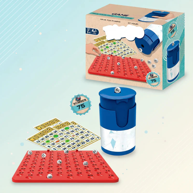 75-number bingo set with a blue dispenser, numbered cards, and a red number tray