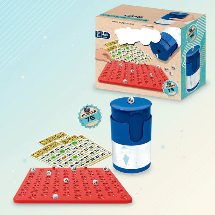 75-number bingo set with a blue dispenser, numbered cards, and a red number tray