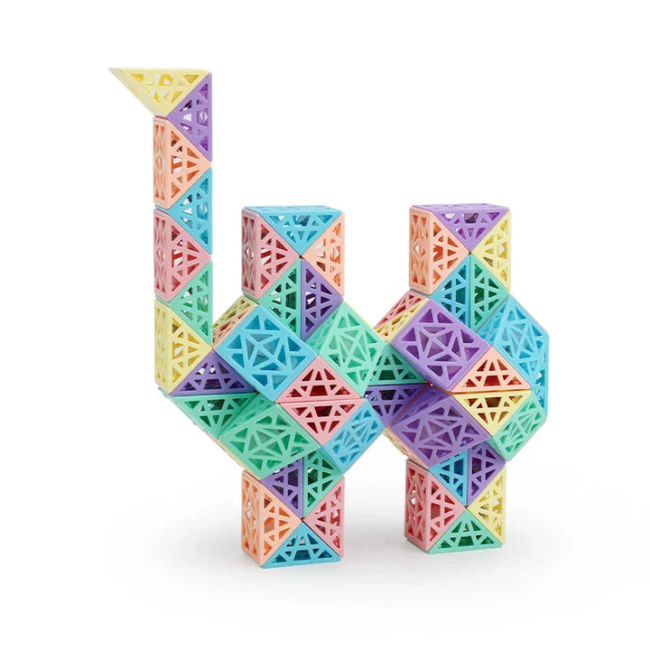 72-piece multicolored building toy arranged in an animal-inspired shape