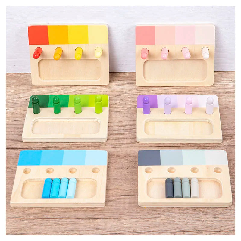 Six wooden color-matching boards with red, pink, green, purple, blue, and gray peg sets