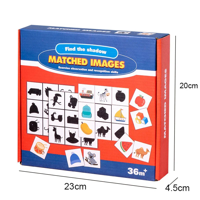 Shadow-matching puzzle box with dimensions labeled 23 x 20 x 4.5 cm