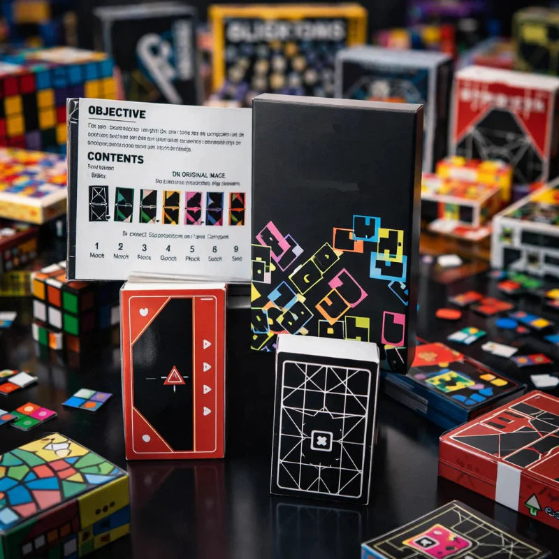 Card game packaging, instruction sheet, red cards, and an X starting card