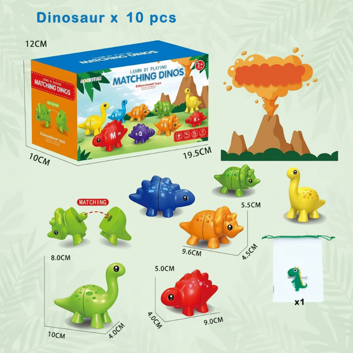 Colorful click-together dinosaurs with packaging, a drawstring bag, and size measurements