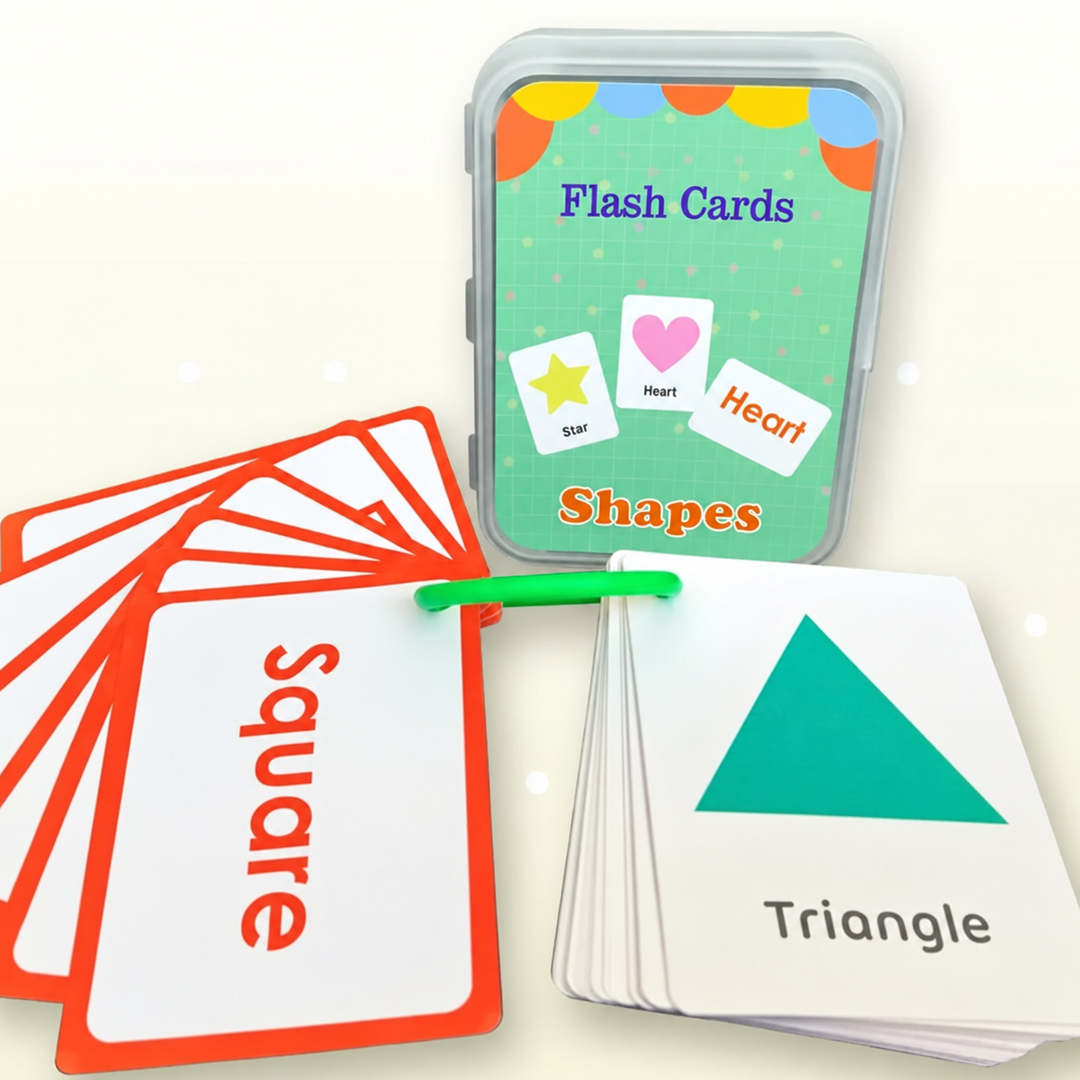 Shape flash cards showing square and triangle, with a ring and storage case.