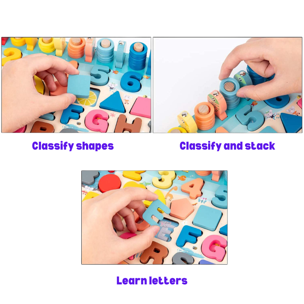 Hands matching shapes, stacking rings, and fitting letters into a wooden activity board