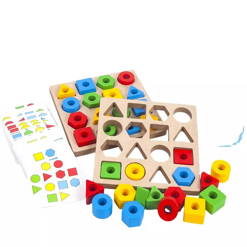Wooden shape puzzle boards, loose colored blocks, and pattern cards