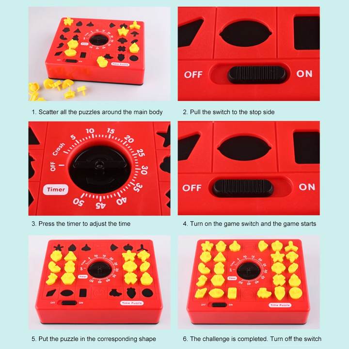 Six-panel guide showing the puzzle switch, timer dial, and shape-matching steps