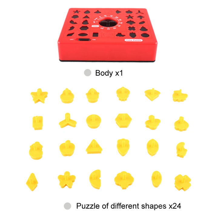 Red puzzle board displayed with its 24 yellow shape pieces