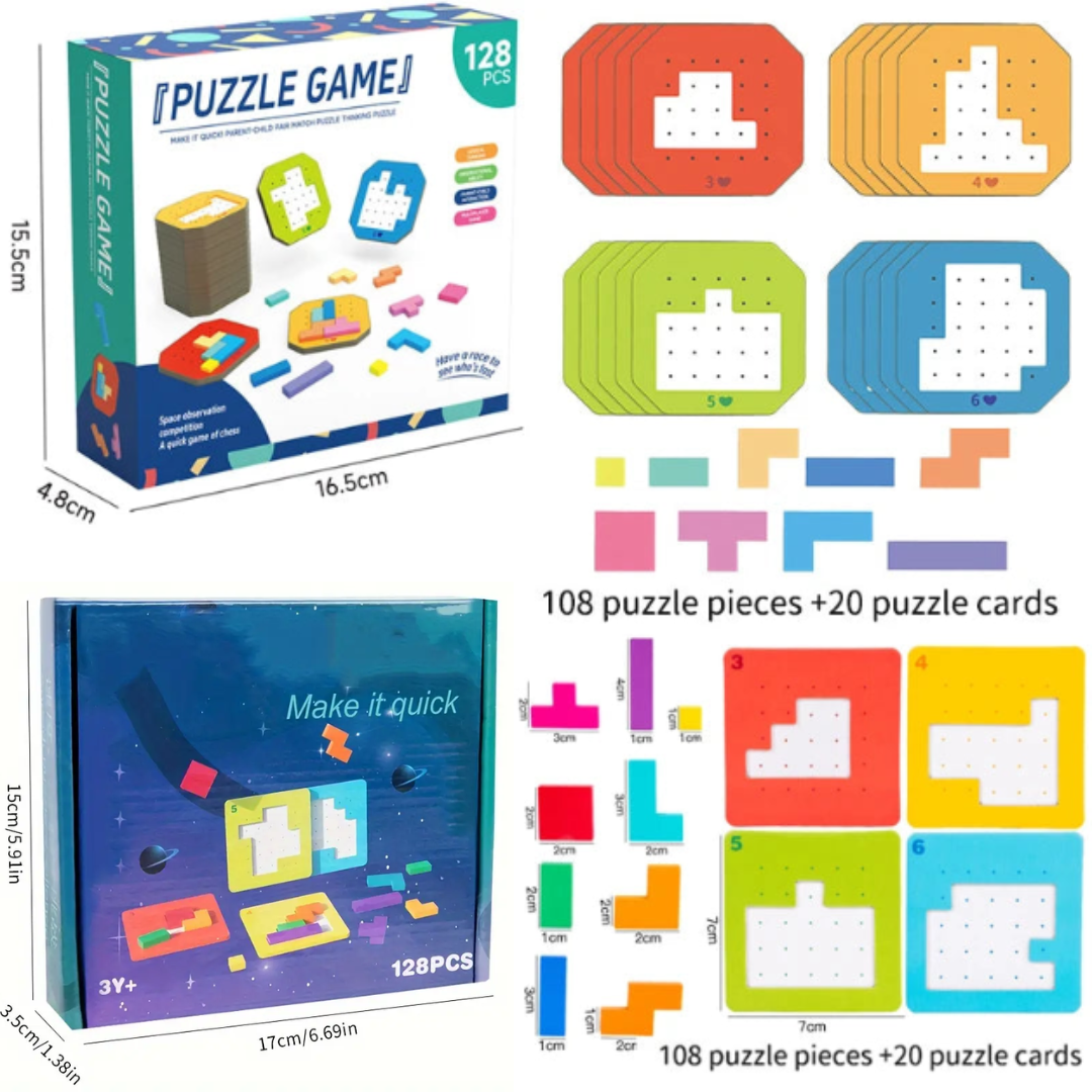 Two puzzle package designs with colorful pieces, challenge cards, and dimension diagrams