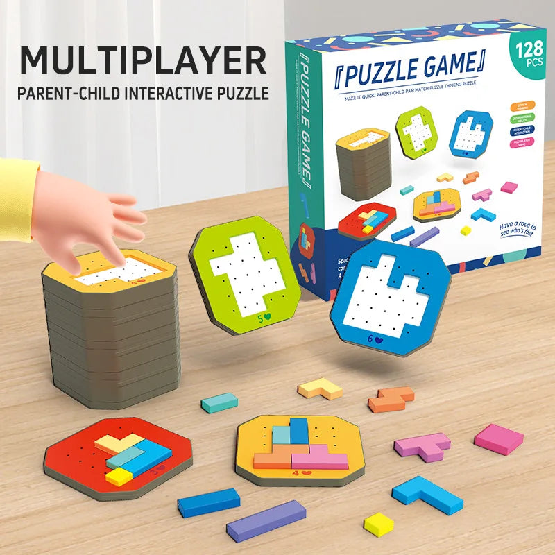 Geometric puzzle box, stacked challenge cards, and colorful shapes arranged on a table