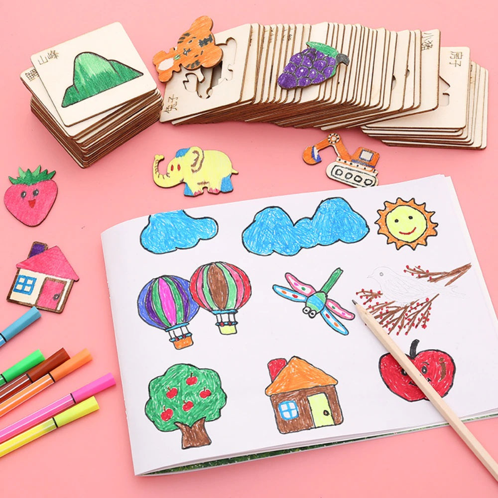 Wooden shape cards beside a drawing of clouds, hot-air balloons, houses, and a tree.