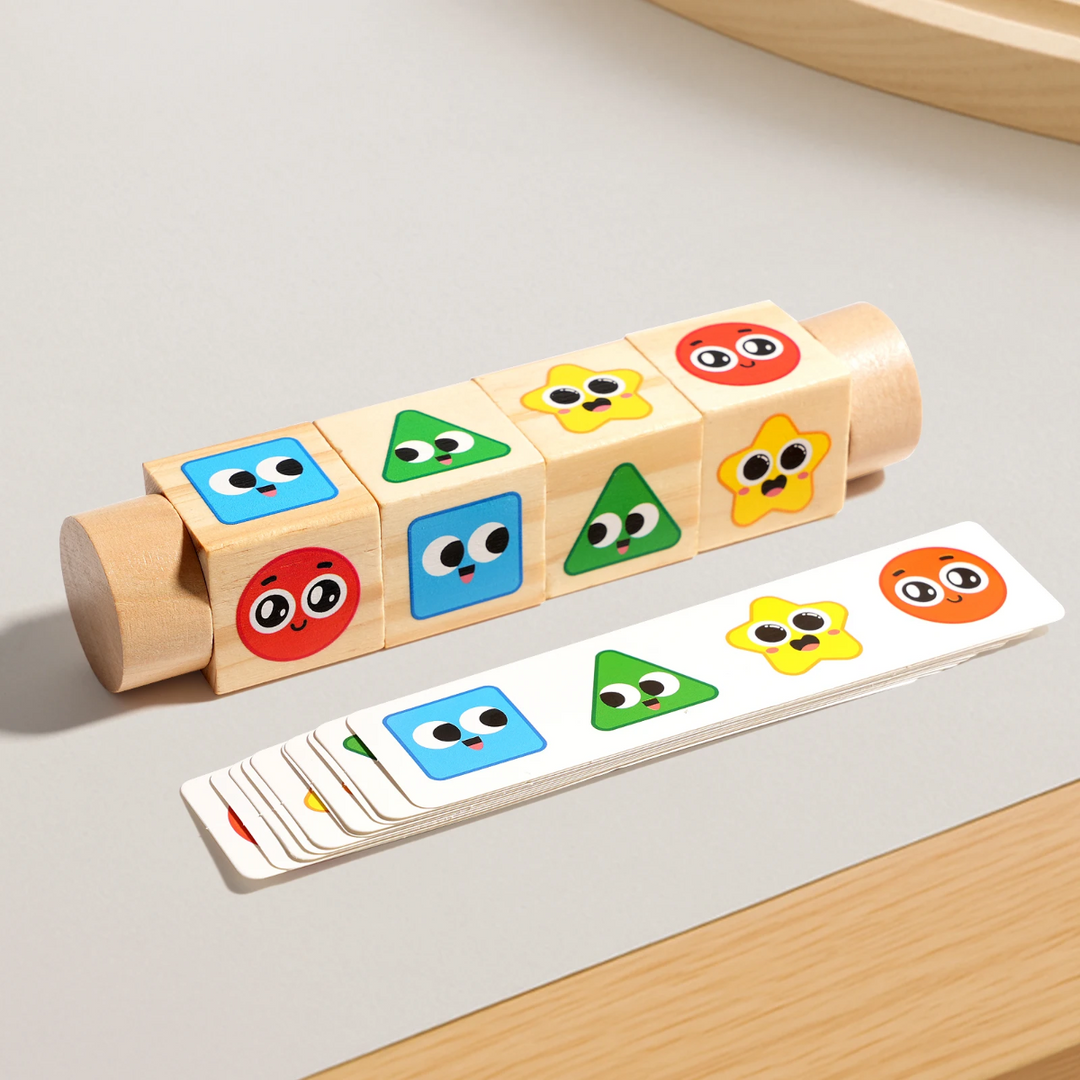 Shape-themed puzzle with colorful circle, triangle, square, and star cubes and matching cards