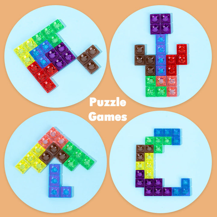 Four colorful arrangements made with shaped puzzle blocks