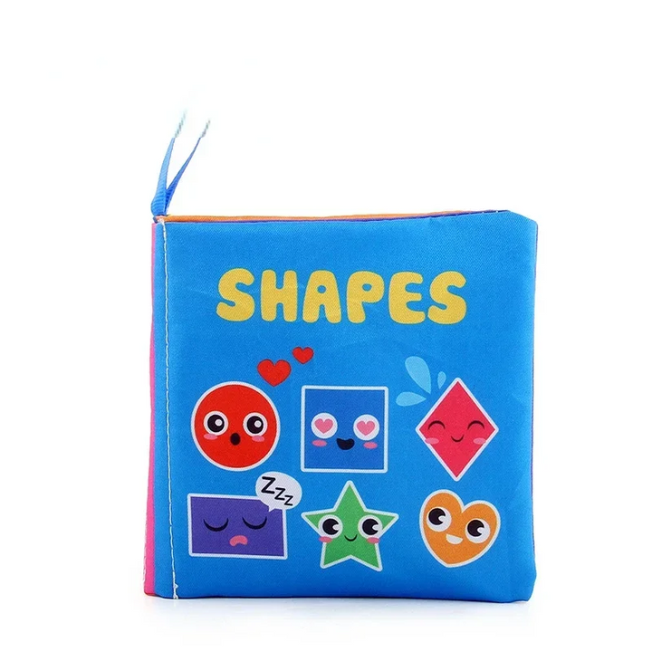 Blue fabric book with circle, square, diamond, rectangle, star and heart illustrations
