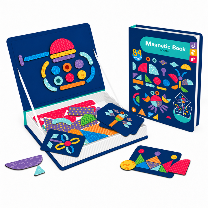 Shapes magnetic puzzle book with matching cards, colorful pieces, and a robot design