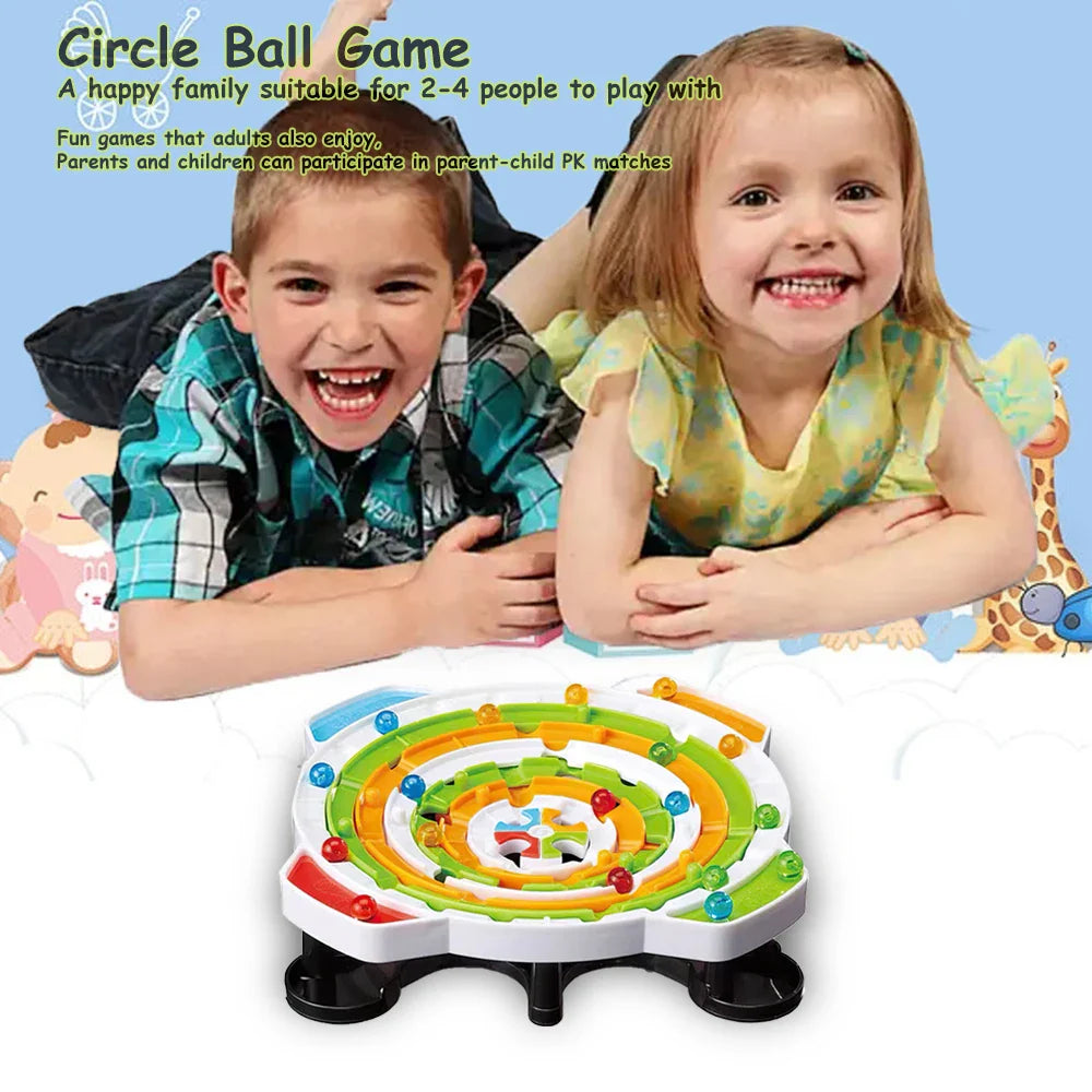 Two smiling children pictured above a colorful circular ball maze.