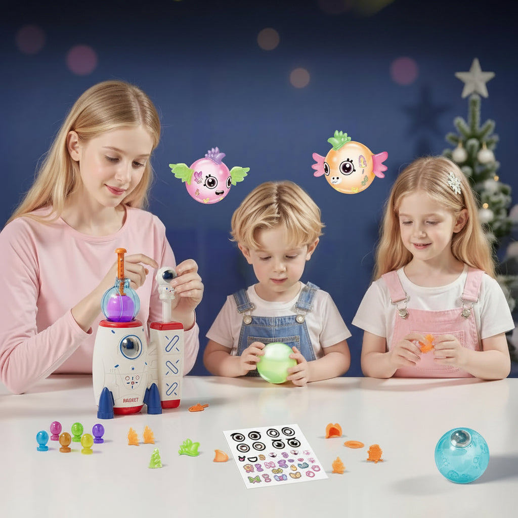 Children decorating balloon characters at a table with the rocket maker, stickers, and colorful accessories