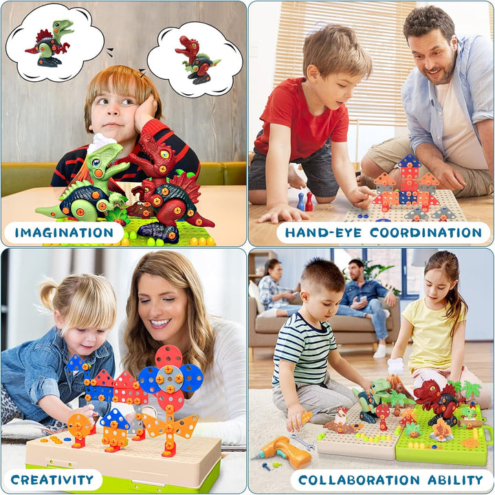Children building dinosaur and geometric models with adults using the colorful construction set