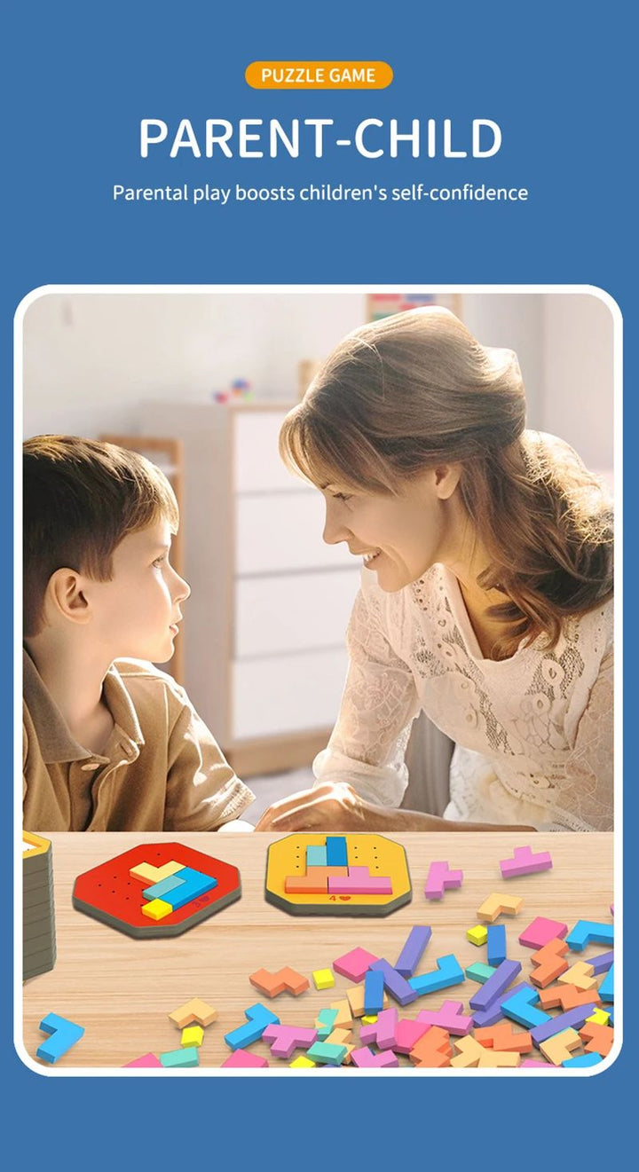An adult and child sharing a geometric shape puzzle activity at a table