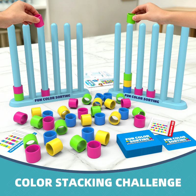 Two blue sorting stands with colorful rings and pattern cards laid out for shared play