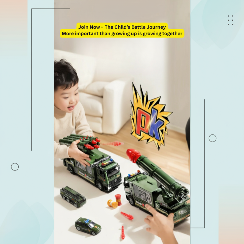 Child playing with green rocket-launcher toy trucks and small vehicles