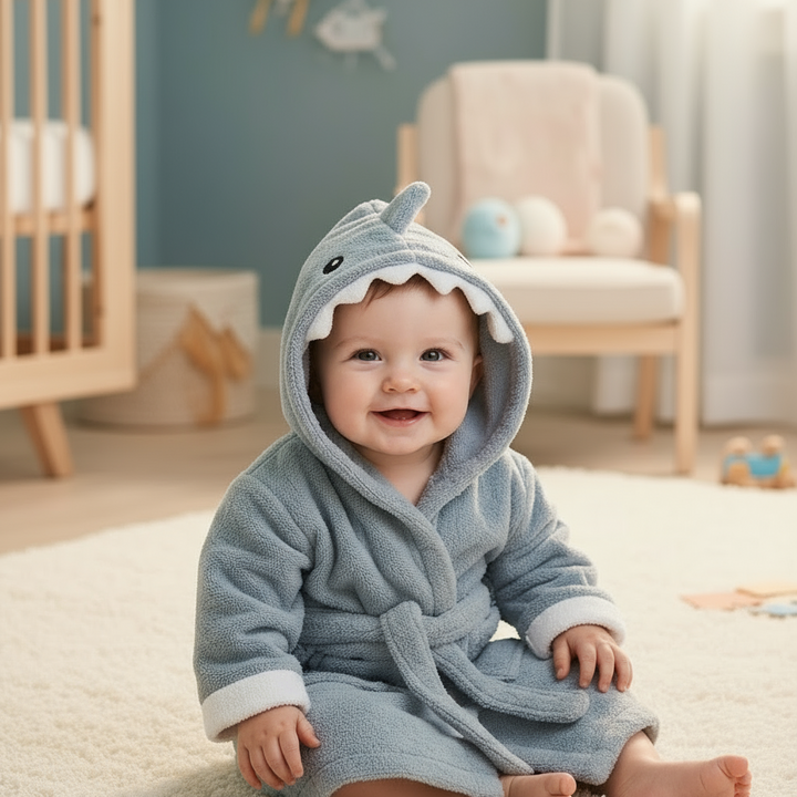 Baby wearing a shark hooded bathrobe with a fin, white tooth trim, and a tied belt