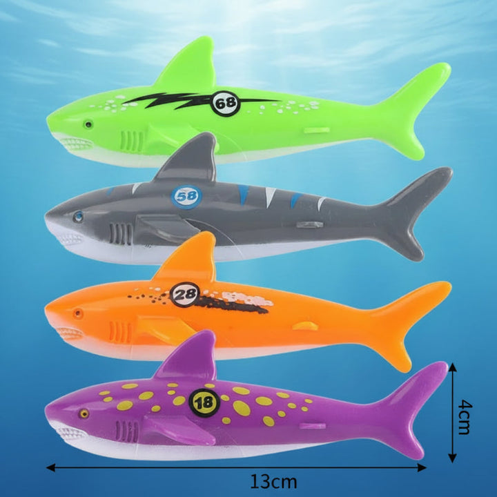 Four colorful shark diving toys with a diagram showing 13 x 4 cm measurements
