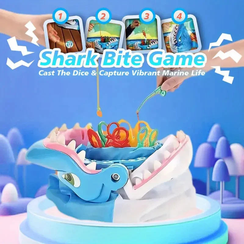 Shark fishing game with colorful sea creatures, fishing rods, and illustrated play steps.