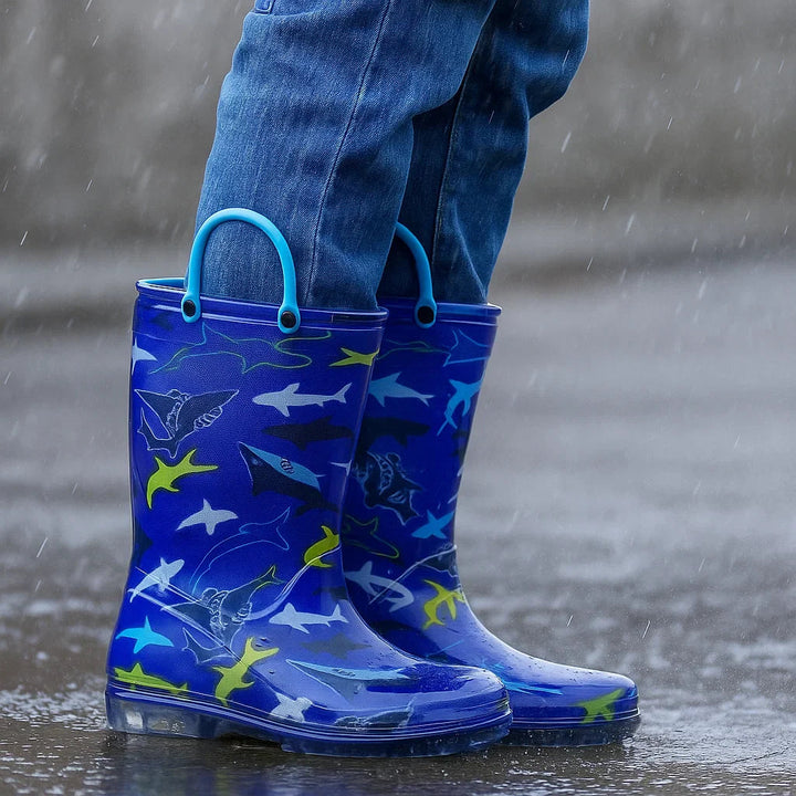 Blue shark-print rain boots worn with jeans on wet pavement