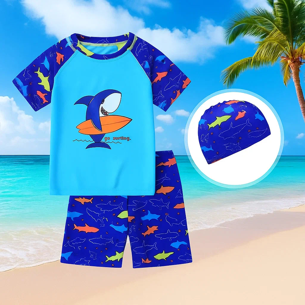 Shark swim shirt and shorts with a coordinating swim cap shown in a circular inset