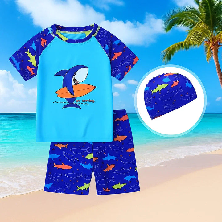 Shark swim shirt and shorts with a coordinating swim cap shown in a circular inset