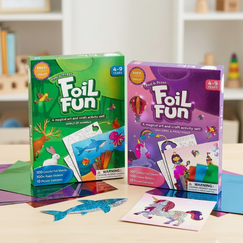 Animals and Unicorns &amp; Princesses foil art kits with colorful sheets and finished sticker pictures