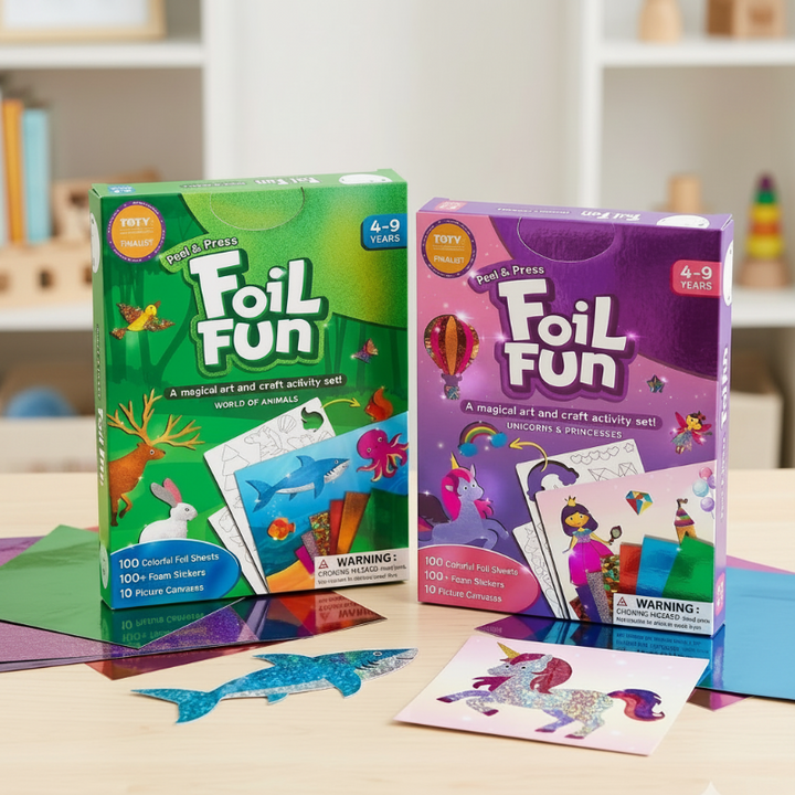 Animals and Unicorns &amp; Princesses foil art kits with colorful sheets and finished sticker pictures