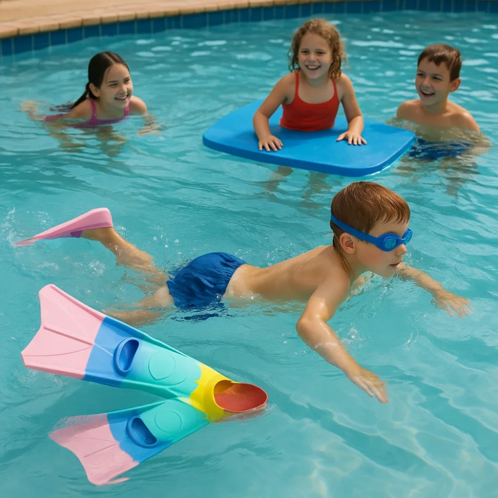 Swimmers in a pool with short fins and a blue kickboard.