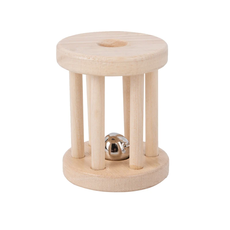 Short wooden cage rattle with a silver-colored bell inside