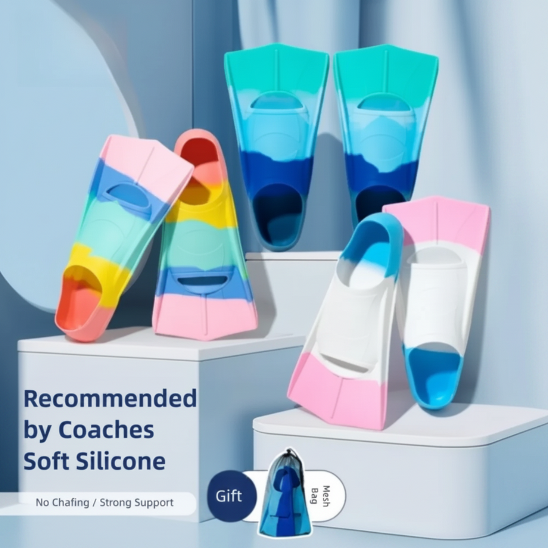 Colorful short swim fins displayed on white pedestals, showing their foot pockets and compact blades.
