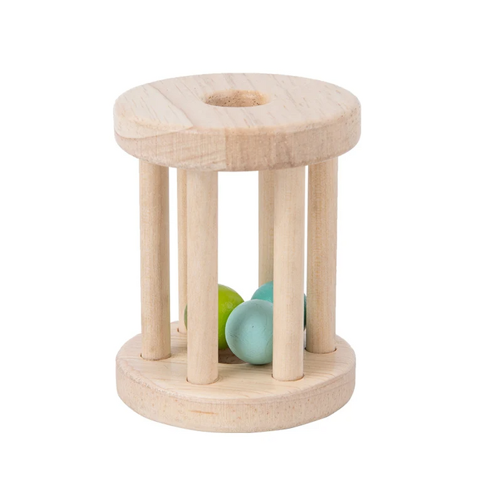 Short wooden cage rattle with turquoise and green balls