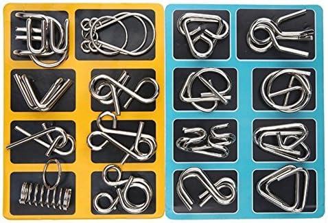 Yellow and blue metal puzzle trays displayed side by side with different puzzle shapes.