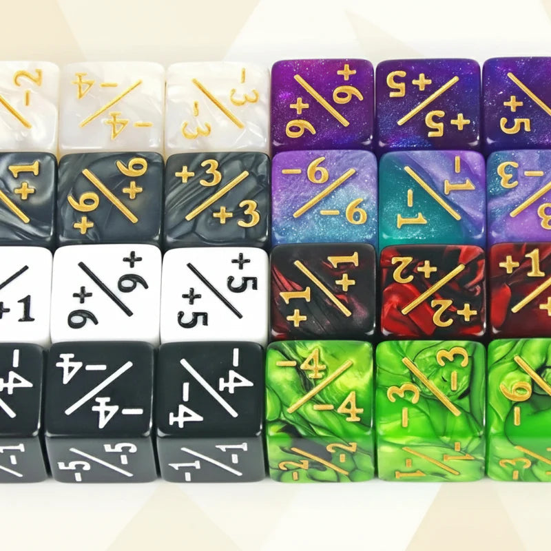 Close-up of assorted counter dice with signed numbers and diagonal divider lines