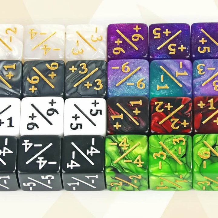 Close-up of assorted counter dice with signed numbers and diagonal divider lines